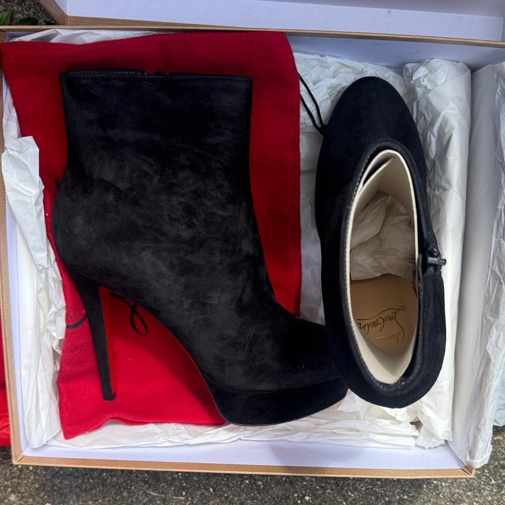 Christian Louboutin Black Suede Platform Ankle Booties with Stiletto Heel
